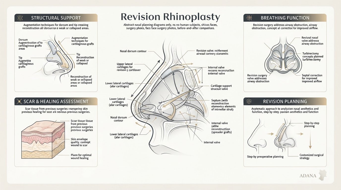 Adana revizyon rinoplastide burun sırtı, burun ucu desteği, hava yolu, kıkırdak desteği ve simetri değerlendirmesini anlatan bilgilendirici medikal görsel